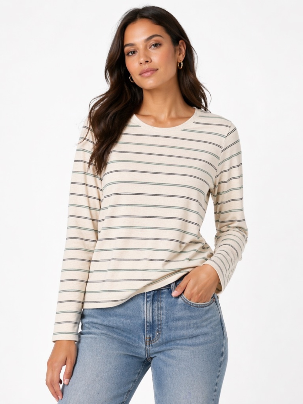 Pendleton Size XL Cream & Green Striped Long Sleeve Top